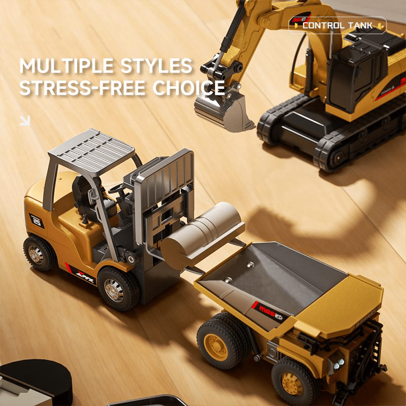 🚜 1:64 Prémium ötvözet Mini RC építőkészlet – Targonca, Kotrógép és Dömper