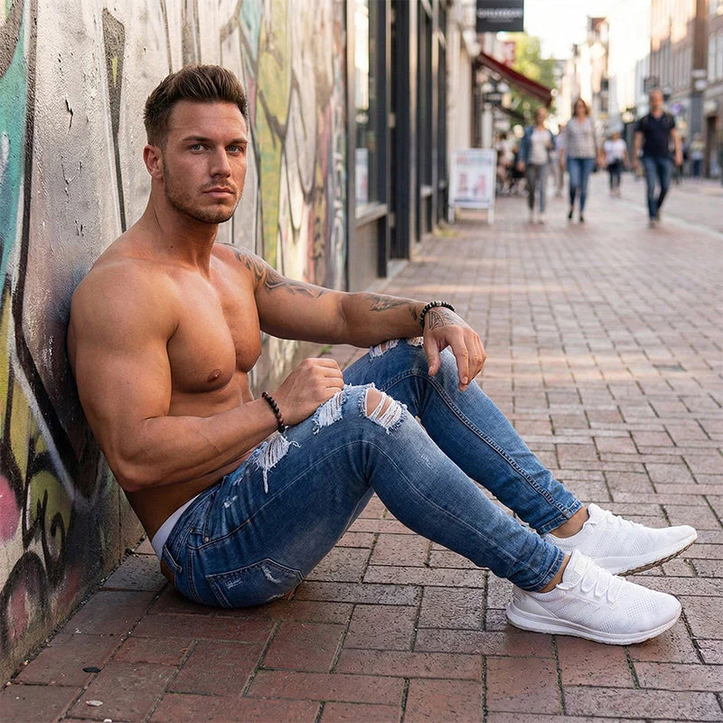 🔥🎁Új 50%-os KEDVEZMÉNY🔥Divatos férfi skinny farmer kopott hatással